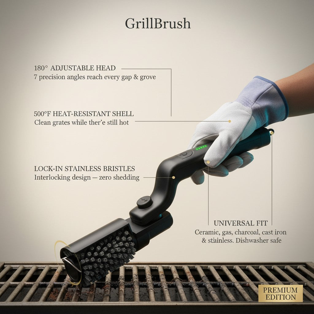 GrillGlow's rotating head lifts burnt-on carbon in a single pass.