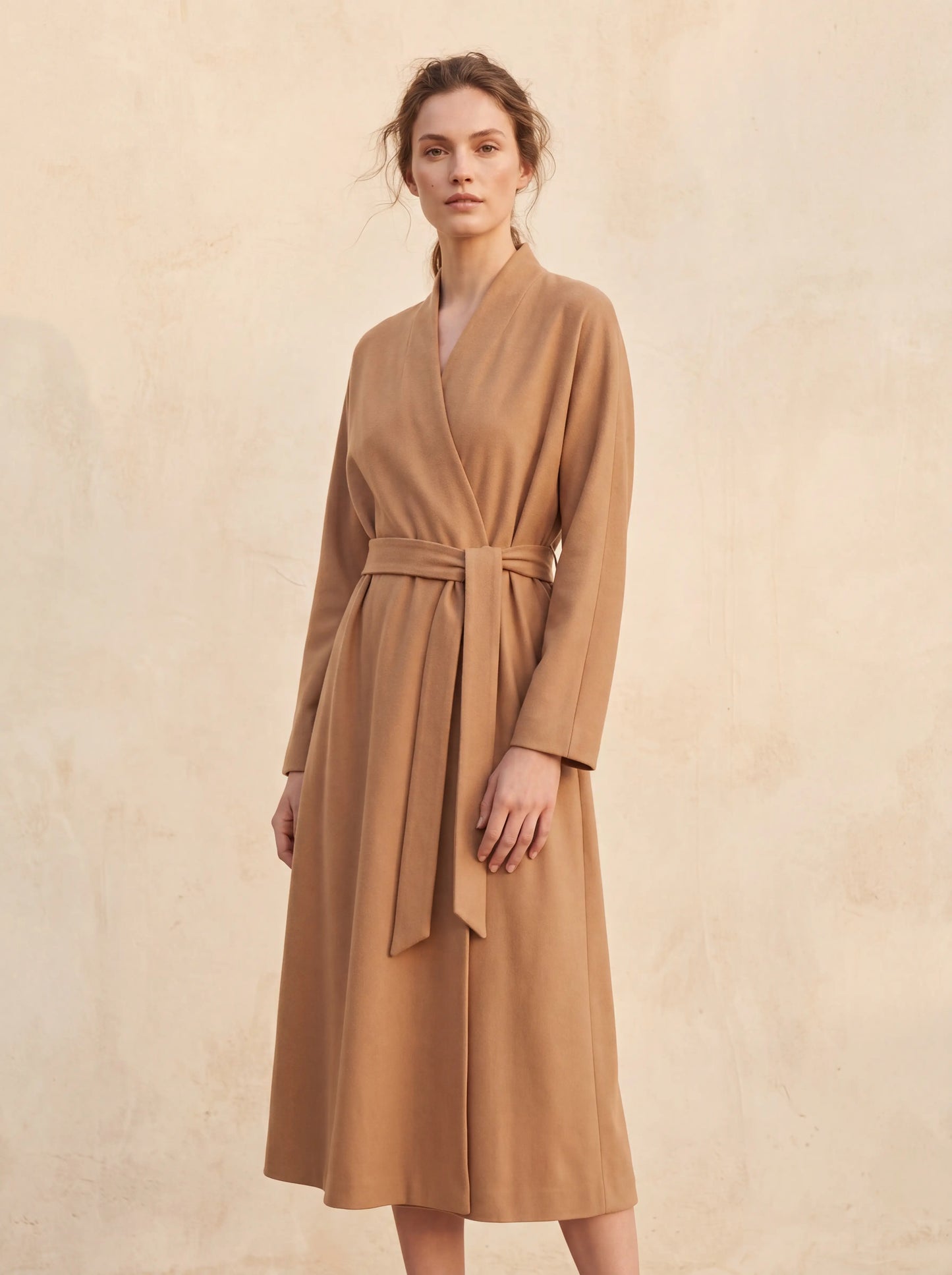 The Linnea Wrap Dress in camel wool