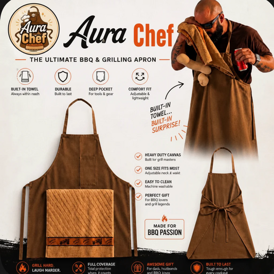 Heavy-duty canvas grill apron with deep pockets, tool loops, and adjustable straps