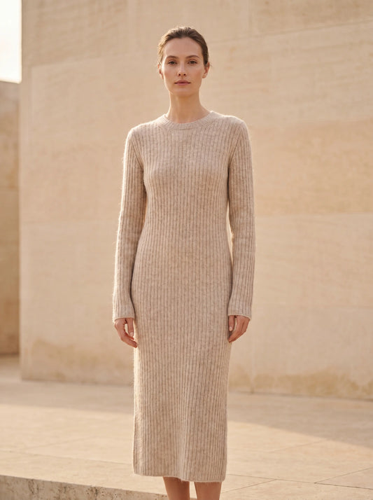 The Cassia Knit Dress in oatmeal brushed cashmere